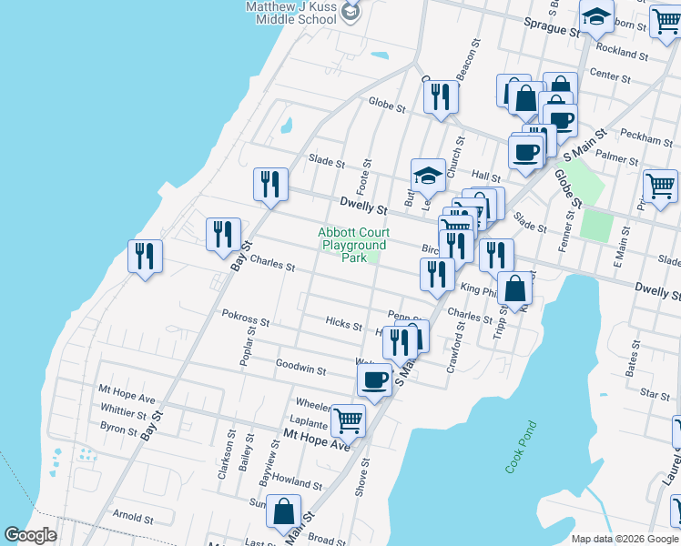 map of restaurants, bars, coffee shops, grocery stores, and more near 496 Charles St in Fall River