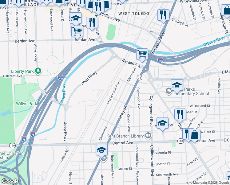 map of restaurants, bars, coffee shops, grocery stores, and more near 3320 Maplewood Avenue in Toledo