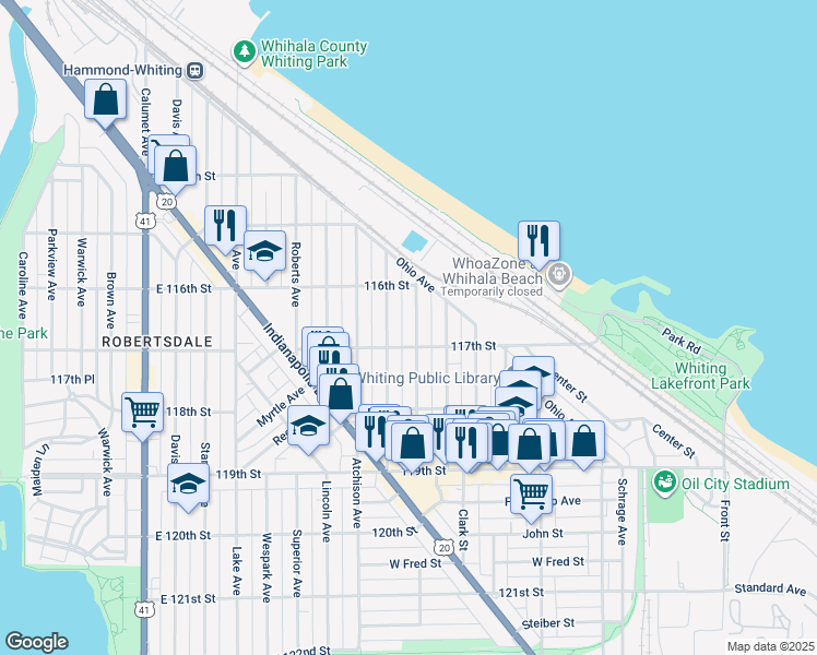 map of restaurants, bars, coffee shops, grocery stores, and more near 1634 Central Avenue in Whiting