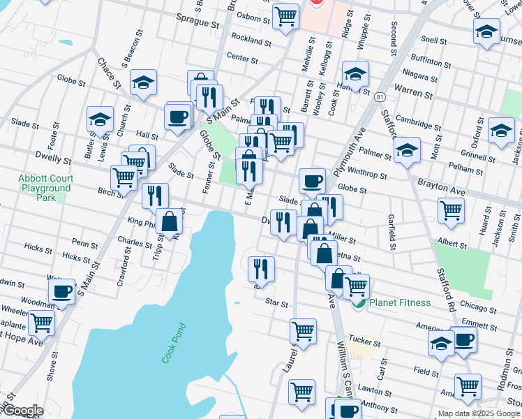 map of restaurants, bars, coffee shops, grocery stores, and more near 463 Montaup St in Fall River