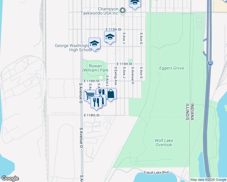 map of restaurants, bars, coffee shops, grocery stores, and more near 11634 South Ewing Avenue in Chicago