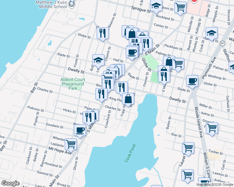 map of restaurants, bars, coffee shops, grocery stores, and more near in Fall River