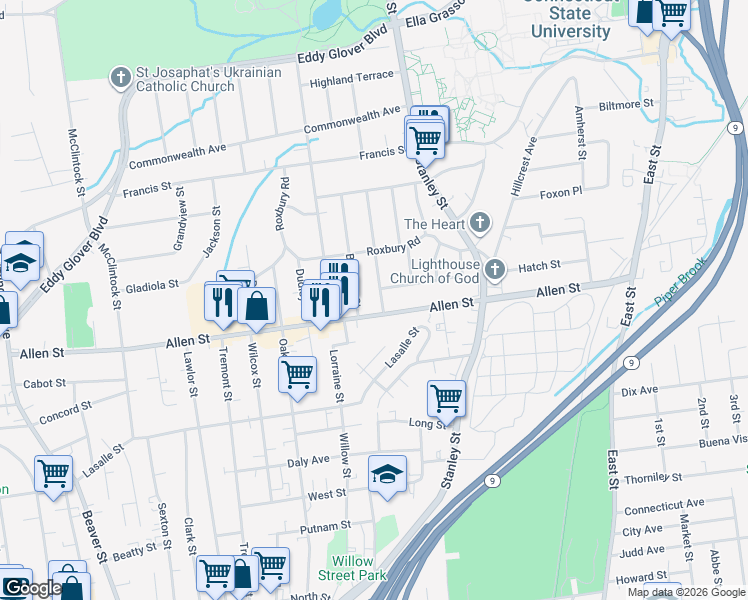 map of restaurants, bars, coffee shops, grocery stores, and more near 16 Stewart St in New Britain