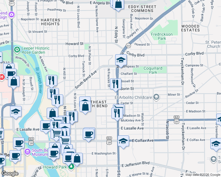 map of restaurants, bars, coffee shops, grocery stores, and more near 602 North Frances Street in South Bend