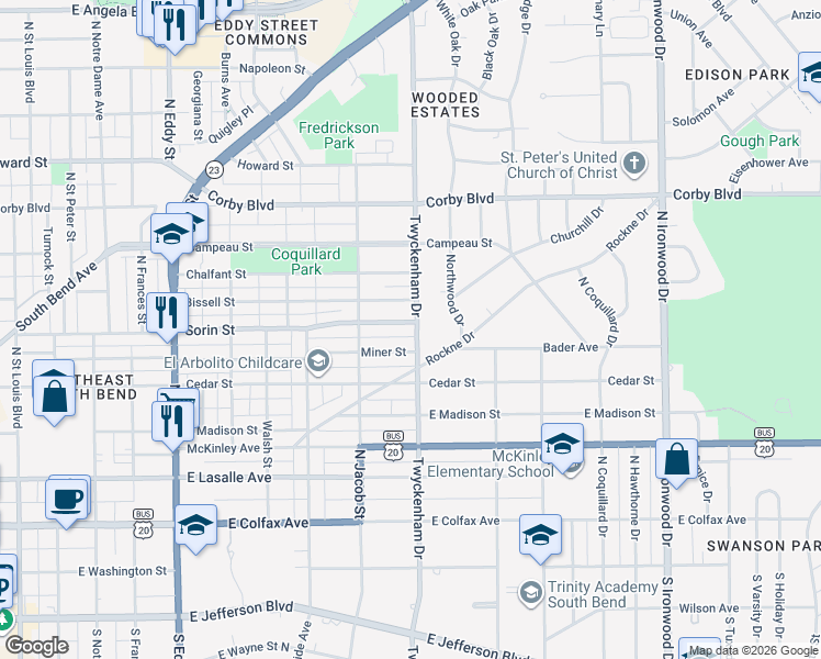 map of restaurants, bars, coffee shops, grocery stores, and more near 1454 East Sorin Street in South Bend