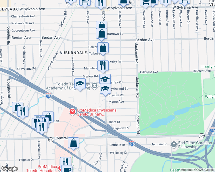 map of restaurants, bars, coffee shops, grocery stores, and more near 3408 Upton Avenue in Toledo