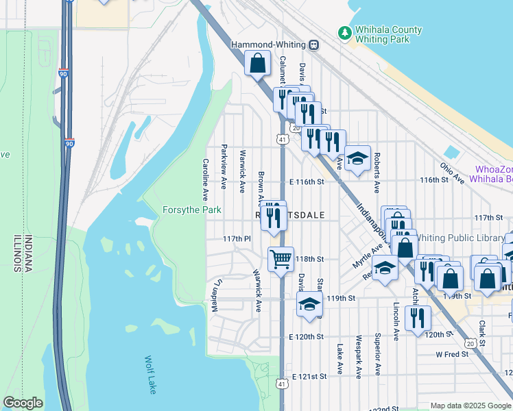 map of restaurants, bars, coffee shops, grocery stores, and more near 1632 Brown Ave in Whiting