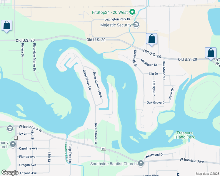 map of restaurants, bars, coffee shops, grocery stores, and more near 55861 Channel View Dr in Elkhart