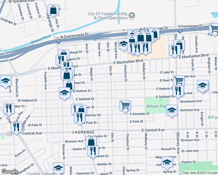 map of restaurants, bars, coffee shops, grocery stores, and more near 3335 Elm Street in Toledo