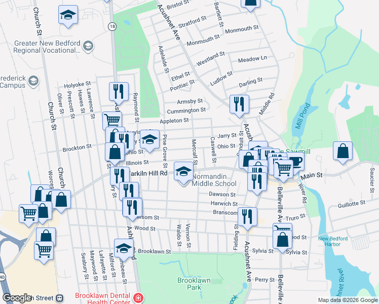 map of restaurants, bars, coffee shops, grocery stores, and more near 140 Ohio Street in New Bedford