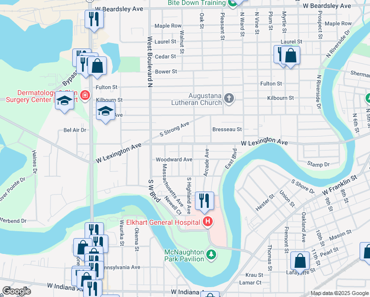 map of restaurants, bars, coffee shops, grocery stores, and more near 1301 West Lexington Avenue in Elkhart
