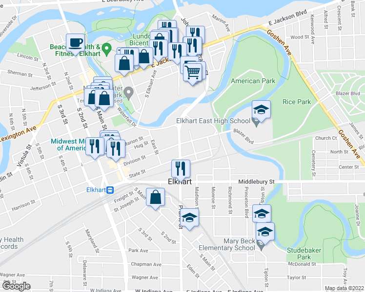map of restaurants, bars, coffee shops, grocery stores, and more near 600 Prairie Street in Elkhart