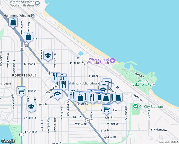 map of restaurants, bars, coffee shops, grocery stores, and more near 1635 La Porte Avenue in Whiting