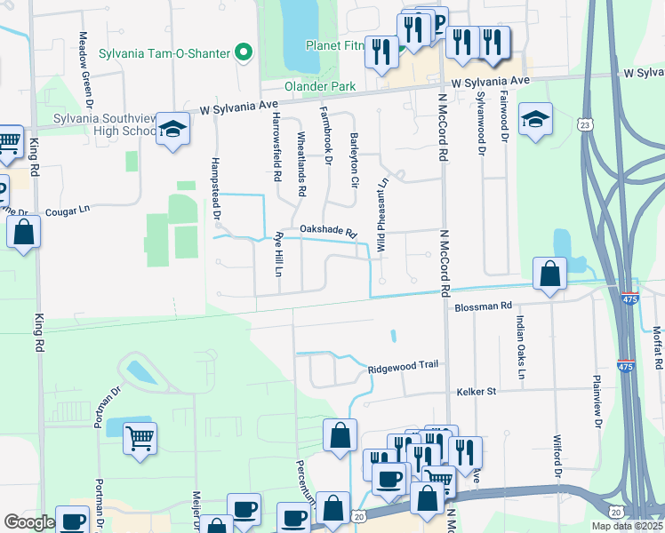 map of restaurants, bars, coffee shops, grocery stores, and more near 6939 Ramblehurst Rd in Sylvania