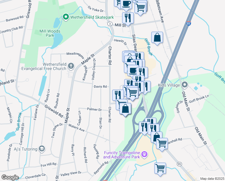 map of restaurants, bars, coffee shops, grocery stores, and more near 148 Charter Road in Wethersfield