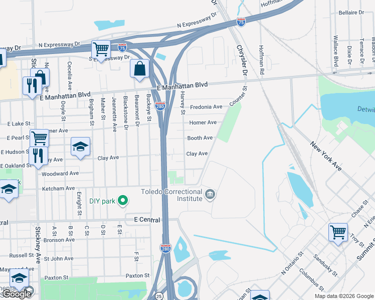 map of restaurants, bars, coffee shops, grocery stores, and more near 1801 Clay Avenue in Toledo