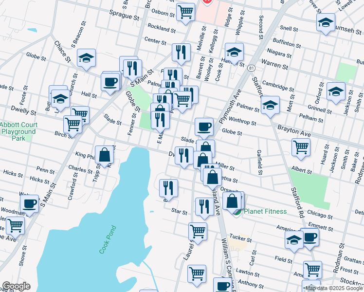 map of restaurants, bars, coffee shops, grocery stores, and more near 367 Vale Street in Fall River
