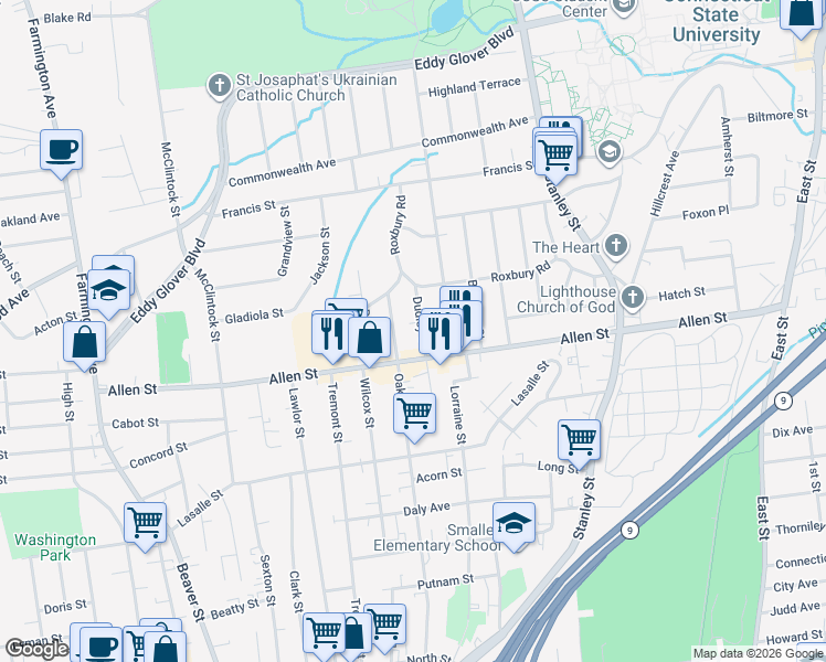 map of restaurants, bars, coffee shops, grocery stores, and more near 78 Dudley Street in New Britain