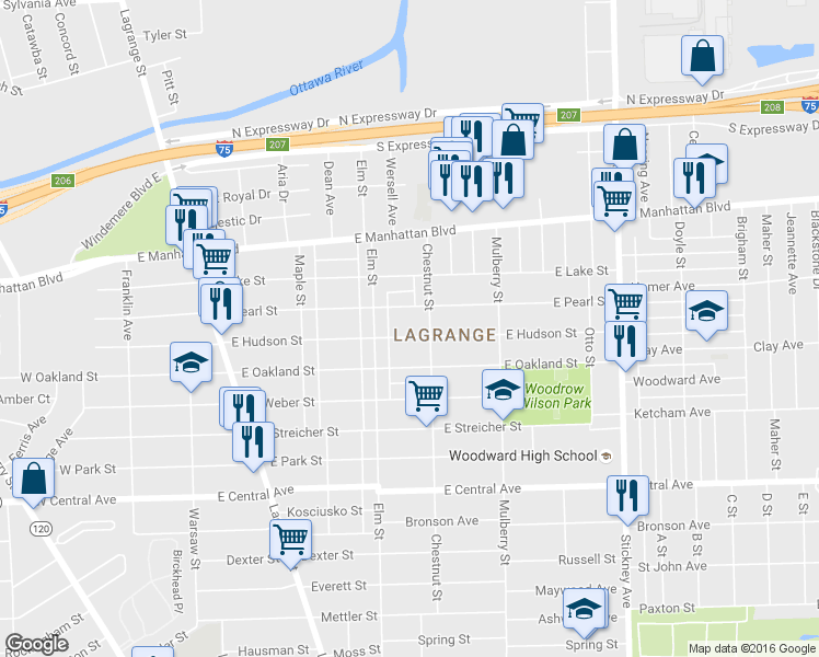 map of restaurants, bars, coffee shops, grocery stores, and more near 435 East Hudson Street in Toledo