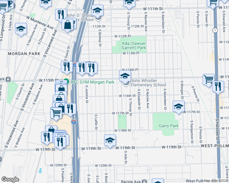 map of restaurants, bars, coffee shops, grocery stores, and more near 11544 South Loomis Street in Chicago