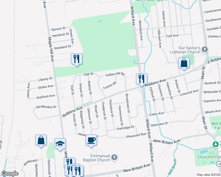 map of restaurants, bars, coffee shops, grocery stores, and more near 31 Tunxis Road in Newington
