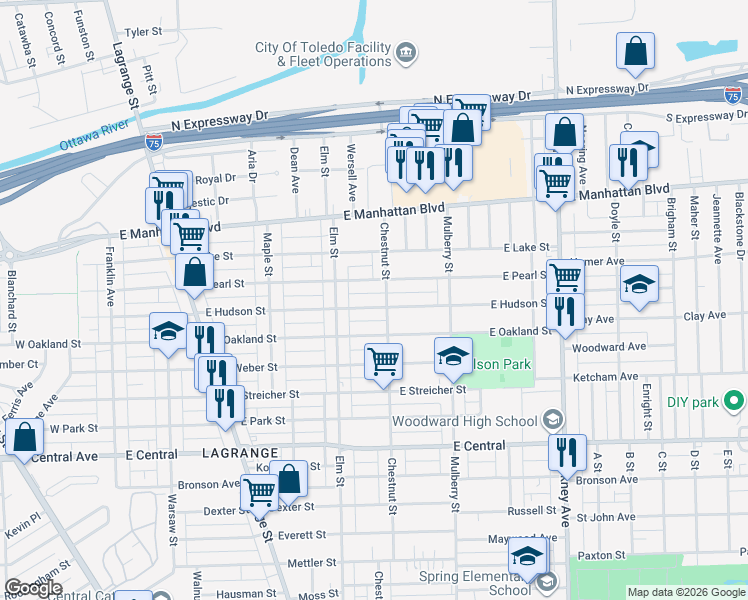map of restaurants, bars, coffee shops, grocery stores, and more near 435 East Hudson Street in Toledo