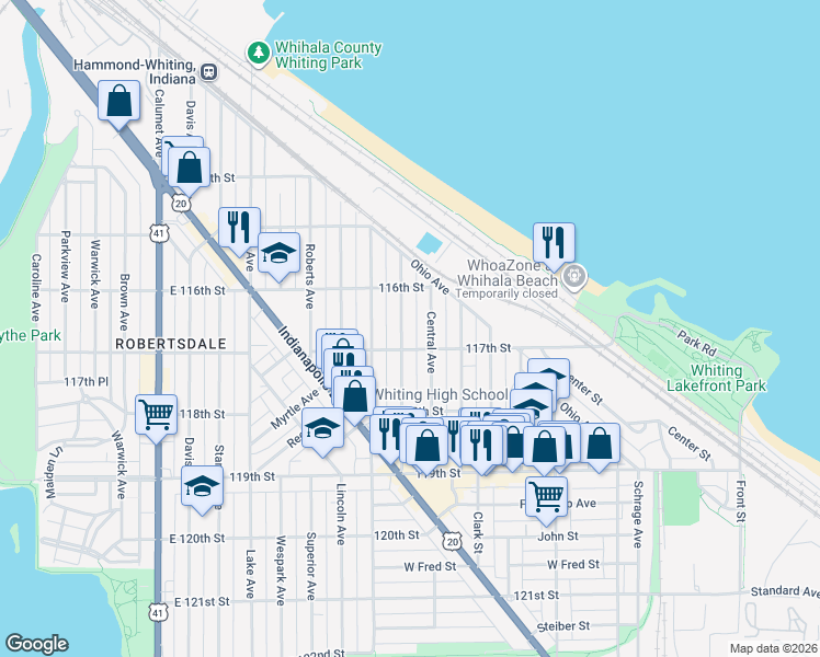 map of restaurants, bars, coffee shops, grocery stores, and more near 1634 Central Avenue in Whiting