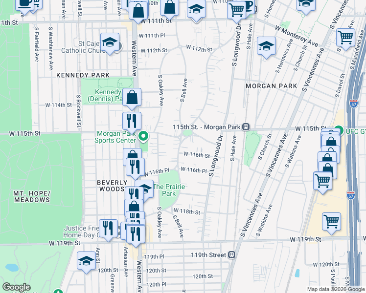 map of restaurants, bars, coffee shops, grocery stores, and more near 11531 South Bell Avenue in Chicago