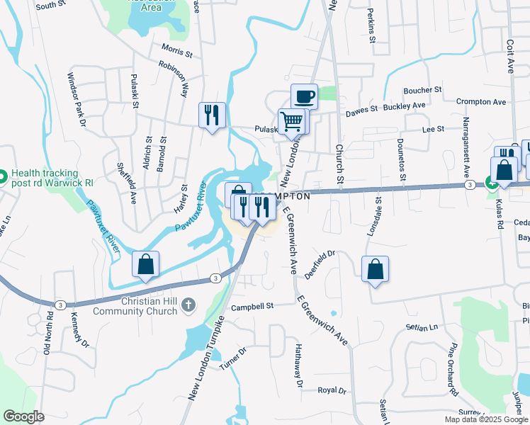 map of restaurants, bars, coffee shops, grocery stores, and more near 1727 Main Street in West Warwick