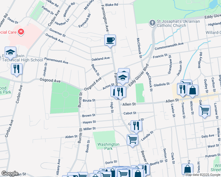 map of restaurants, bars, coffee shops, grocery stores, and more near 26 Acton Street in New Britain
