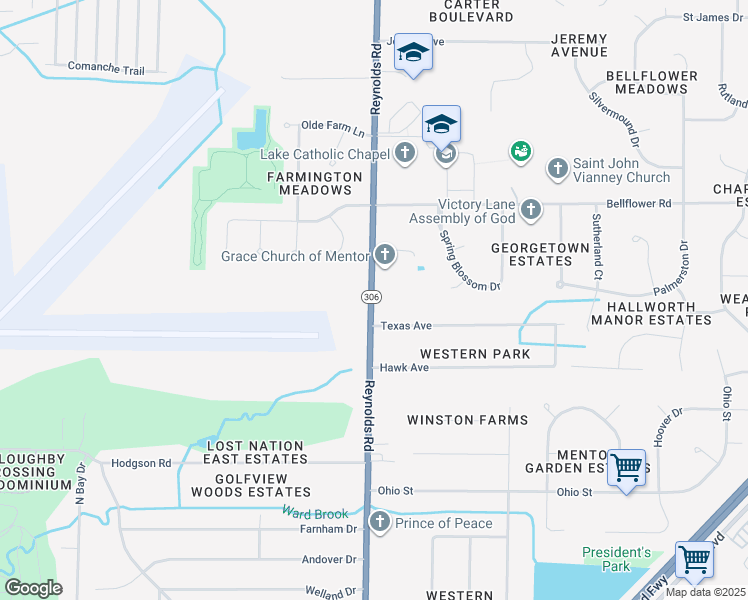 map of restaurants, bars, coffee shops, grocery stores, and more near 6915 Ohio 306 in Mentor