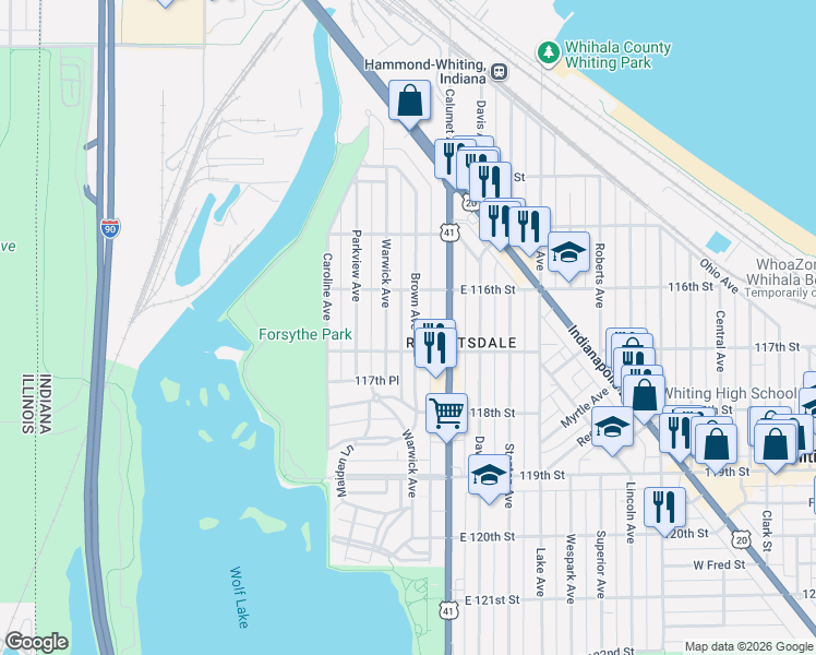 map of restaurants, bars, coffee shops, grocery stores, and more near 1632 Brown Avenue in Whiting