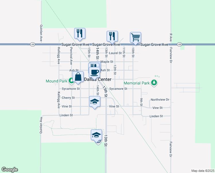 map of restaurants, bars, coffee shops, grocery stores, and more near 42 Raccoon River Valley Trail in Dallas Center