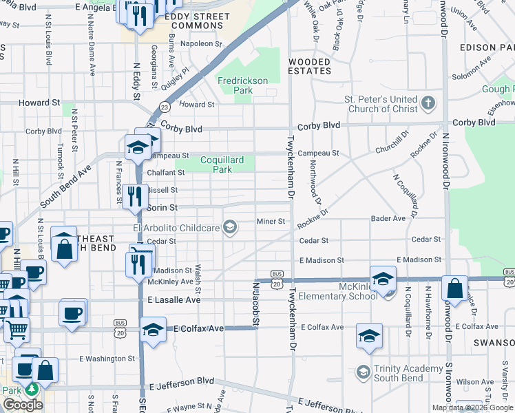 map of restaurants, bars, coffee shops, grocery stores, and more near 1402 East Sorin Street in South Bend