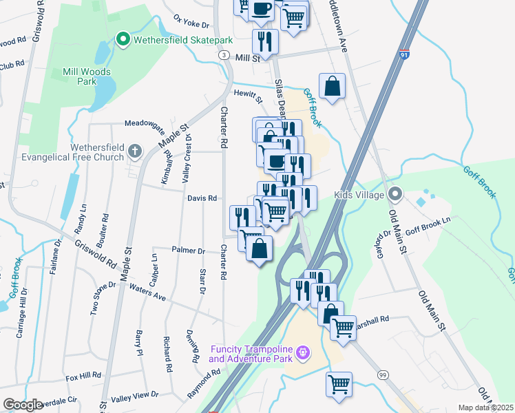 map of restaurants, bars, coffee shops, grocery stores, and more near 96 Mountain Laurel Drive in Wethersfield