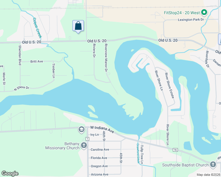 map of restaurants, bars, coffee shops, grocery stores, and more near 55809 Riverview Manor Drive in Elkhart