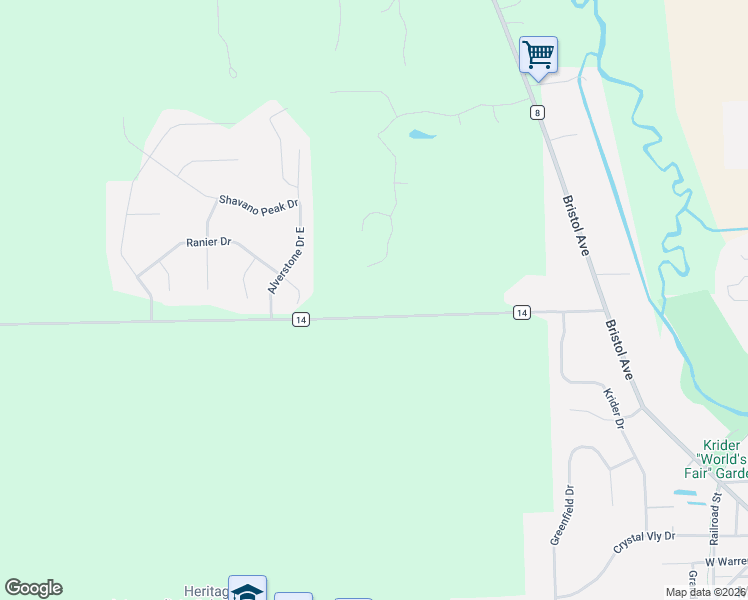 map of restaurants, bars, coffee shops, grocery stores, and more near 13373 County Road 14 in Middlebury
