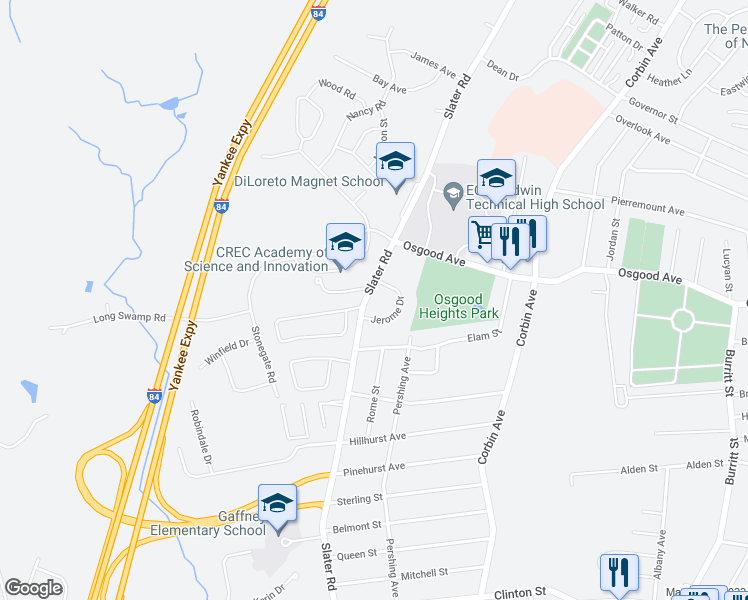 map of restaurants, bars, coffee shops, grocery stores, and more near 605 Slater Road in New Britain