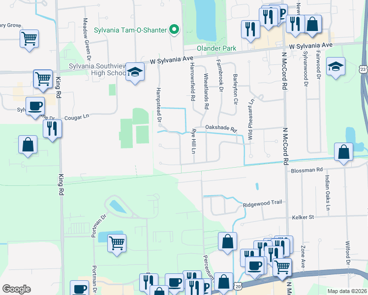 map of restaurants, bars, coffee shops, grocery stores, and more near 3656 Hampstead Dr in Sylvania