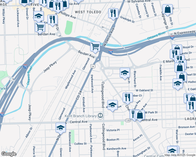 map of restaurants, bars, coffee shops, grocery stores, and more near 516 Bates Road in Toledo