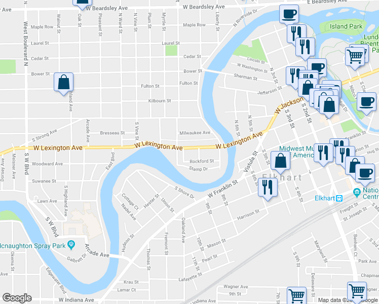 map of restaurants, bars, coffee shops, grocery stores, and more near 675 West Lexington Avenue in Elkhart