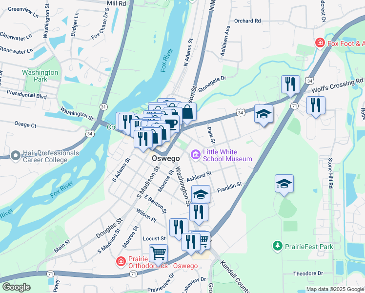 map of restaurants, bars, coffee shops, grocery stores, and more near 47 Monroe Street in Oswego