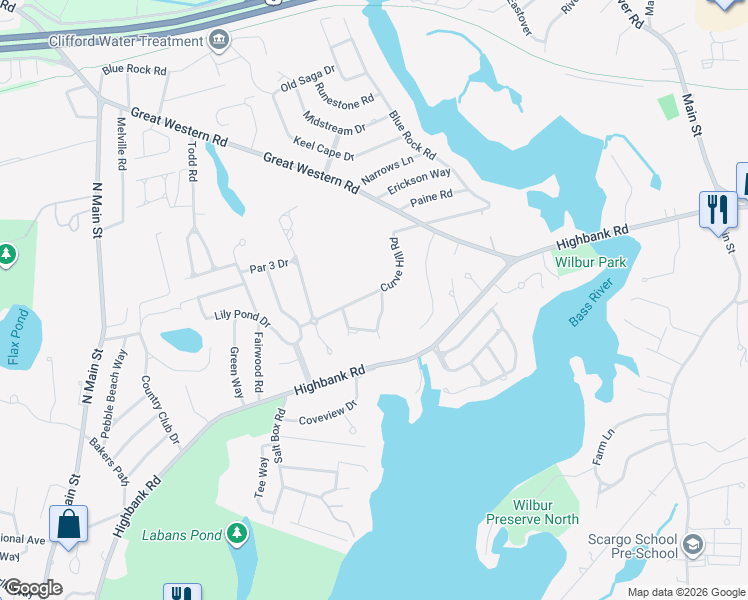 map of restaurants, bars, coffee shops, grocery stores, and more near 60 Curve Hill Road in Yarmouth