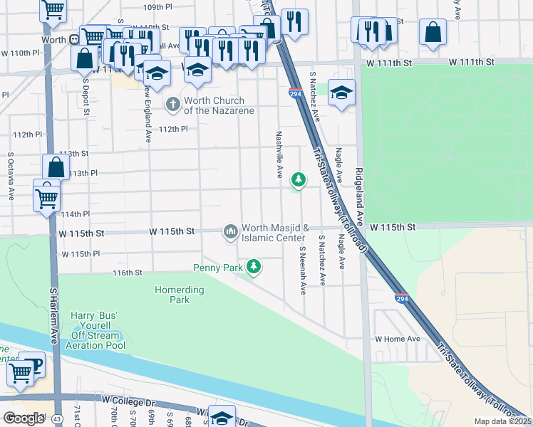 map of restaurants, bars, coffee shops, grocery stores, and more near 11437 South Natoma Avenue in Worth