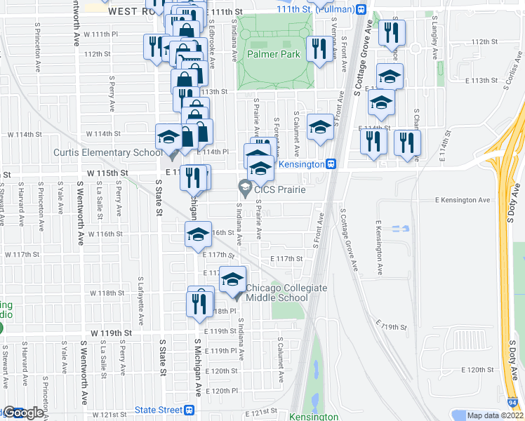 map of restaurants, bars, coffee shops, grocery stores, and more near 301 East Kensington Avenue in Chicago