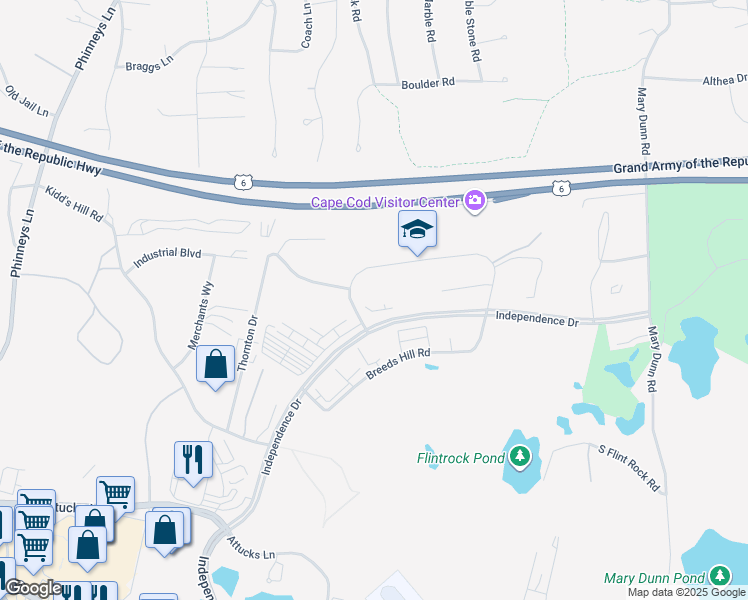 map of restaurants, bars, coffee shops, grocery stores, and more near 265 Communication Way in Barnstable