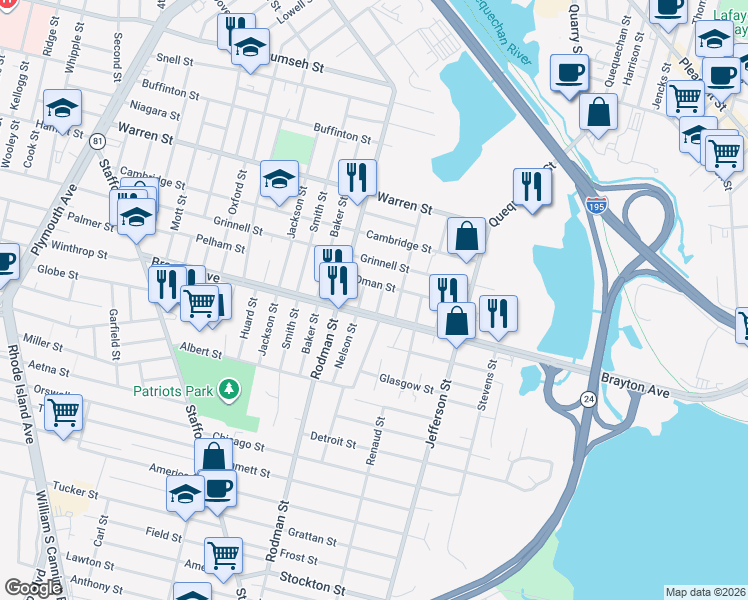 map of restaurants, bars, coffee shops, grocery stores, and more near 42 Boyden Street in Fall River