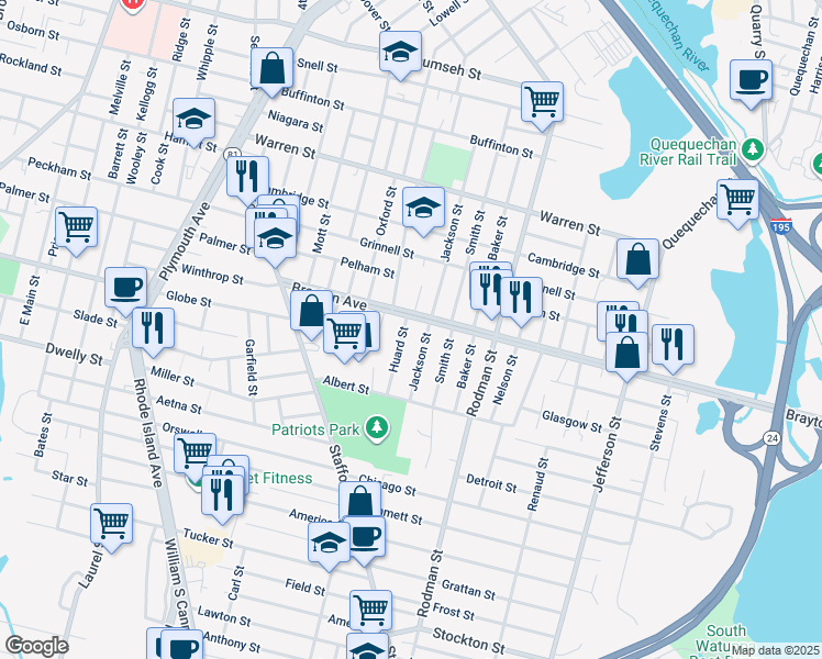 map of restaurants, bars, coffee shops, grocery stores, and more near 424 Jackson Street in Fall River