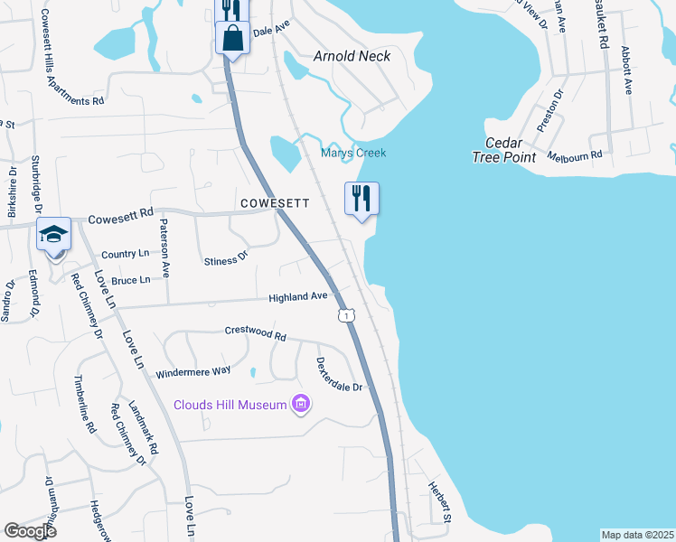 map of restaurants, bars, coffee shops, grocery stores, and more near 3940 Post Road in Warwick