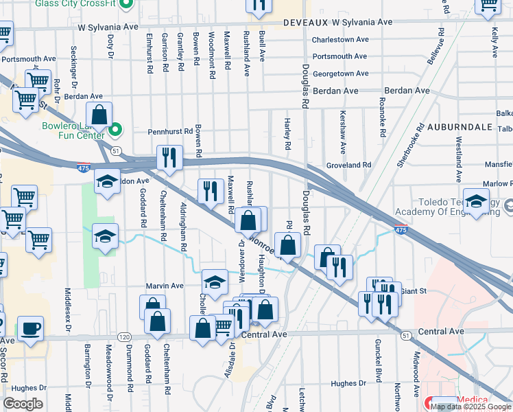 map of restaurants, bars, coffee shops, grocery stores, and more near 2624 Ledyard Avenue in Toledo